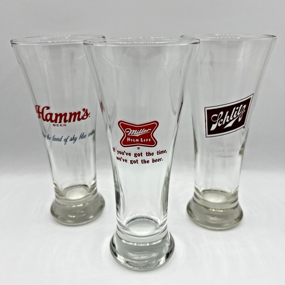 Beer Pilsner Bar Glasses Libbey Miller‎ Hamms Schlitz Lot of 3 Great Condition